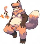 anthro balls belly biped blush bodily_fluids brown_body brown_fur chest_tuft claws drooling erection fur genital_fluids genitals half-closed_eyes kemono male moobs narrowed_eyes nude orange_body orange_fur overweight overweight_anthro overweight_male penis precum pubes saliva simple_background solo standing text tongue tongue_out tuft vein veiny_penis whiskers white_background white_body white_fur noriburu canid canine mammal raccoon_dog tanuki english_text hi_res