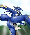 anthro anus biped blue_body blue_fur blurred_background bottomwear breasts butt canid canine casual_exposure clothed clothing cloud crotch_apron digital_media_(artwork) female flashing flashing_pussy fox fur genitals hi_res ineffective_clothing krystal_(star_fox) loincloth looking_at_viewer low-angle_view mammal nintendo outside plant pussy rear_view ryofox630 shaded sky solo star_fox topless tree wardrobe_malfunction white_body white_fur