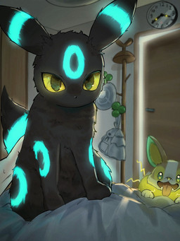 ambiguous_gender bag bed black_ears black_eyes black_nose black_tail blue_body blue_fur brown_body brown_ears brown_fur clock door feral first_person_view fur furniture green_eyes group human_pov looking_at_viewer on_bed open_mouth paws pov_hands tail tongue tongue_out trio white_body white_fur yellow_body yellow_fur yellow_sclera namekuj1hey nintendo pokemon eeveelution generation_2_pokemon generation_8_pokemon human mammal pokemon_(species) shiny_pokemon umbreon yamper 3:4 hi_res