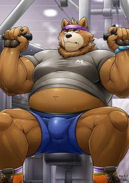 anthro belly black_nose blush bottomwear brown_body brown_fur bulge clothing detailed_background exercise fur humanoid_hands kemono male moobs overweight overweight_anthro overweight_male shirt shorts sitting solo topwear workout xigma bear mammal 2020
