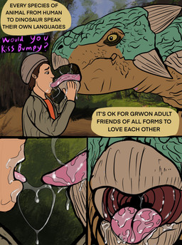 bestiality bodily_fluids deep_kiss drooling duo female female_on_human feral french_kissing human_on_feral interspecies kissing larger_female larger_feral male male/female male_on_feral saliva saliva_on_tongue size_difference smaller_human smaller_male text tongue tongue_out yellow_eyes winserferret jurassic_park jurassic_world universal_studios ben_pincus bumpy_(jurassic_world_camp_cretaceous) dinosaur human mammal prehistoric_species reptile scalie 2026 absurd_res comic digital_media_(artwork) english_text hi_res