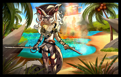 anthro areola biped black_nose black_spots boots clothed clothing countershade_face countershade_torso countershading day ear_piercing ear_ring female fire flat_chested flintlock fluffy fluffy_tail footwear genitals grey_body grin gun hair handgun holding_gun holding_handgun holding_melee_weapon holding_object holding_pistol holding_ranged_weapon holding_sword holding_weapon leopard_spots long_hair looking_at_viewer medal melee_weapon navel nipples outside palm_tree panties piercing pirate pirate_hat pistol plant ranged_weapon ring_piercing shoes smile solo spots sword tail translucent translucent_clothing tree underwear vulva water weapon white_body white_countershading white_hair young young_anthro young_female cesar23 felid mammal pantherine snow_leopard 2025 hi_res