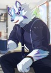 anthro beverage blue_eyes blush bracelet clothing coffee coffee_mug dress_shirt facial_markings fur head_markings jewelry male markings necktie shirt solo suspenders topwear white_body white_fur kouga0225 lifewonders live_a_hero sadayoshi canid canine canis domestic_dog mammal absurd_res hi_res