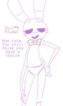 anthro blush bow_tie buckteeth crossgender dialogue eyelashes female fluffy fluffy_tail half-closed_eyes hand_on_hip machine mtf_crossgender narrow_hips narrowed_eyes simple_background smile solo suggestive tail teeth text thin_calves thin_legs thin_thighs white_background soulcentinel five_nights_at_freddy's scottgames bonnie_(fnaf) weaver_bonnie animatronic lagomorph leporid mammal rabbit robot 2018 digital_media_(artwork) english_text hi_res