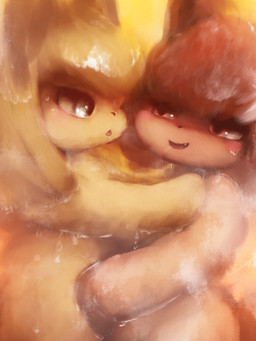 anthro bangs black_nose blonde_hair blue_eyes bodily_fluids bottomwear breath clothed clothing cute_fangs duo embarrassed fangs female female/female fur glistening glistening_eyes hair hand_on_chest hand_on_hip hug kemono light long_hair looking_at_another looking_at_partner nude open_mouth pupils red_body red_ears red_eyes red_fur red_hair red_inner_ear red_tail saliva short_hair steam sunlight sunset tail teeth tongue topless water wet white_hair yellow_body yellow_ears yellow_fur hasukii mal_(hasukii) vea_(hasukii) canid canine mammal 3:4