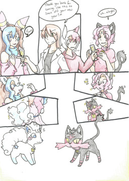 beverage black_body black_nose blue_nose blue_sclera blush collar duo_focus female feral group hair highlights_(coloring) humanoid_to_feral markings red_markings shrinking size_transformation text transformation white_body yellow_sclera rainbowraven nintendo pokemon alolan_form alolan_vulpix canid canine felid feline generation_7_pokemon human humanoid litten mammal pokemon_(species) regional_form_(pokemon) absurd_res comic english_text hi_res traditional_media_(artwork)