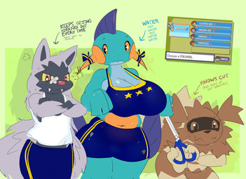 anthro bandage bandage_on_face big_breasts blue_body blue_skin bottomwear bra breasts brown_body brown_eyes brown_fur cleavage clothed clothed_anthro clothed_female clothed_male clothing cross-popping_vein crossed_arms drop_shadow fangs female female_anthro fin frown fully_clothed fully_clothed_anthro fully_clothed_female fully_clothed_male fur green_background grey_body grey_fur group holding_object holding_scissors male mitten_hands nude nude_anthro orange_eyes pants red_eyes red_nose scissors shirt shorts simple_background small_waist spandex spandex_shorts tank_top teeth text thick_thighs tight_bottomwear tight_clothing tight_shorts topwear underwear wide_hips yellow_sclera elpatrixf nintendo pokemon fan_character marina_bay_(elpatrixf) papucho_(elpatrixf) zaragoza_(elpatrixf) amphibian canid canine generation_3_pokemon mammal marshtomp pokemon_(species) poochyena procyonid zigzagoon colored digital_drawing_(artwork) digital_media_(artwork) hi_res