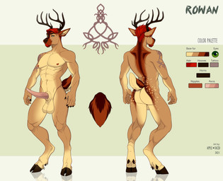 abs animal_genitalia animal_penis anthro antlers arm_markings back_markings balls beard brown_body brown_fur butt cervine_genitalia cervine_penis facial_hair front_view fur genitals glistening glistening_eyes goatee green_eyes hair horn looking_at_viewer male markings mouth_closed muscular muscular_anthro muscular_male narrowed_eyes navel nipples nude pecs penis rear_view red_beard red_facial_hair red_hair red_nipples sheath sheathed_tapering_penis short_hair simple_background solo standing tan_balls tan_body tan_fur tan_sheath tapering_penis text apple-faced rowan_(the_glorious_goat) deer mammal 2021 artist_name dated english_text hi_res model_sheet