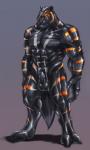 abs animal_genitalia anthro athletic balls biceps big_muscles biped black_body black_skin claws fully_sheathed genitals hooves latex male muscular muscular_anthro muscular_male nipples nude pecs sheath simple_background solo standing stripes rwolf felid mammal symbiote 2013 hi_res