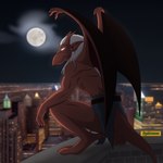 anthro bottomwear city clothed clothing crouching full_moon glowing glowing_eyes hair horn humanoid_pointy_ears loincloth male membrane_(anatomy) membranous_wings moon night pointy_ears red_body solo tail topless white_hair wings gabiruweee disney gargoyles brooklyn_(gargoyles) gargoyle scalie 1:1 absurd_res digital_media_(artwork) hi_res