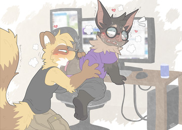 all_fours anal anthro barefoot beverage_can blush bodily_fluids bottomwear bottomwear_down brown_body brown_fur butt chair claws clothed clothing computer computer_desk duo electronics emanata eyewear facial_markings feet fur furniture glasses gloves_(marking) grey_body grey_fur half-closed_eyes head_markings heart_symbol hearts_around_head kneeling looking_back male male/male male_anthro male_rimming_male markings mask_(marking) monitors multicolored_body multicolored_fur musk narrowed_eyes on_chair open_mouth oral partially_clothed rimming sex shaking sharp_teeth shirt shorts shorts_down striped_markings striped_tail stripes sweat tail tail_markings tan_body tan_fur tank_top teeth tongue tongue_out topwear tremble_spikes trembling two_tone_body two_tone_fur graedius_(artist) graedius_(character) riiko ryekoh bat mammal procyonid raccoon 2025