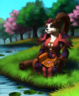 anthro breasts brown_hair cleavage clothed clothing detailed_background female forest hair nature outside plant river scenery scroll solo tree hyhlion blizzard_entertainment warcraft ella_(warcraft) bear mammal pandaren 2013