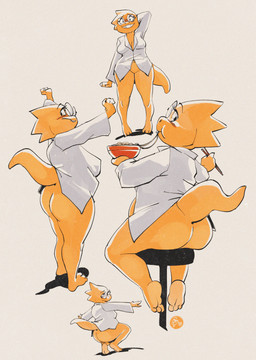 anthro big_butt blush bottomless bowl breasts buckteeth butt chopsticks clothed clothing coat container eyewear featureless_crotch female food glasses lab_coat navel noodles raised_tail ramen solo tail teeth topwear edtropolis undertale undertale_(series) alphys lizard reptile scalie 2025 absurd_res hi_res