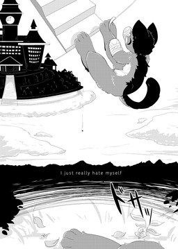 bandage chest_tuft falling kemono male missing_arm semi-anthro solo suicide suicide_attempt text tuft chisara circus_of_anya luca_(chisara) domestic_cat felid feline felis mammal somali_cat 2019 comic english_text hi_res japanese_text monochrome translated