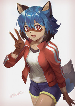 5_fingers anthro black_body black_fur black_hair blue_body blue_fur blue_hair bottomwear breasts brown_body brown_fur clothed clothing cute_fangs fangs female fingers fluffy fluffy_tail fur gesture glistening glistening_body glistening_hair gloves_(marking) hair hand_gesture jacket markings multicolored_body multicolored_fur multicolored_hair red_eyes shorts simple_background solo tail teeth topwear v_sign white_background vien1005 brand_new_animal studio_trigger michiru_kagemori canid canine mammal raccoon_dog tanuki 2020 hi_res portrait three-quarter_portrait