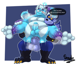 anal anal_penetration anthro armpit_hair balls barefoot belly blue_body blue_eyes blush bodily_fluids body_hair claws clock dialogue duo feet from_front_position fur genital_fluids genitals glans male male/male multicolored_body multicolored_fur musk musky_balls on_bottom on_top overweight overweight_bottom overweight_male penetration penis precum purple_body purple_fur red_eyes reverse_stand_and_carry_position sex simple_background smile smiling_at_another smiling_at_partner stand_and_carry_position standing standing_sex tail text toe_claws toes watch wristwatch yellow_body yellow_fur soulcanela ailurid bear canid canine canis hybrid mammal red_panda ursine wolf absurd_res hi_res spanish_text