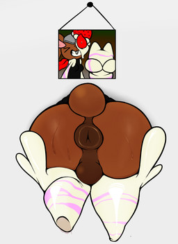 anthro anus balls black_clothing bodily_fluids breasts brown_body brown_fur buckteeth butt clothing cotton_tail cybernetics food fruit fur genitals gesture gynomorph hand_gesture intersex machine one_eye_closed perineum photo pink_body pink_fur plant red_scarf scarf smile solo strawberry stuck sweat sweaty_butt teeth through_wall v_sign white_body white_fur rakugaki_(artist) nintendo pokemon merengue_(rakugaki) alcremie cyborg food_creature generation_4_pokemon generation_8_pokemon hybrid lopunny pokemon_(species) strawberry_sweet_alcremie vanilla_cream_alcremie hi_res
