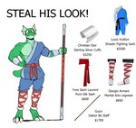 3_toes 5_fingers anthro belt blue_clothing bo_staff clothed clothing derp_eyes expensive fashion featureless_chest feet fingers green_body green_scales green_skin hand_on_hip male martial_arts_uniform muscular muscular_anthro muscular_male price red_belt scales simple_background solo sportswear staff standing steal_his_look text toes white_background yellow_eyes 60percentscalie gucci reptile scalie 2023 english_text hi_res meme