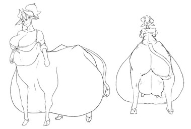 belly big_belly breasts butt female horn huge_belly overweight simple_background solo teats udders white_background cross-crescent bovid bovid_taur bovine bovine_taur cattle cattle_taur mammal mammal_taur taur 2015 absurd_res hi_res monochrome