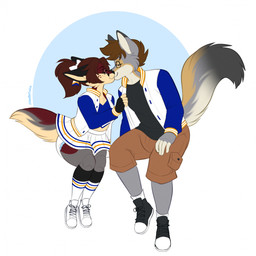 anthro bottomwear brown_hair cargo_shorts cheerleader cheerleader_outfit clothed clothing diaper diaper_fetish diaper_under_clothing diaper_under_skirt duo eyes_closed eyewear female footwear glasses hair jacket kiss_on_nose kissing knee_highs knee_socks legwear letterman_jacket male male/female ponytail shoes shorts sitting skirt sneakers socks topwear wearing_diaper minettefraise nova_(noverz) pow_(powhatan) canid canine canis fox mammal wolf 1:1 hi_res