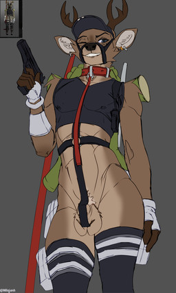 animal_genitalia anthro antlers balls bottomless brown_body brown_fur clothed clothing collar crop_top ear_piercing ear_ring femboy fingerless_gloves fur genitals gloves gun handgun handwear harness hat headgear headwear holding_gun holding_object holding_ranged_weapon holding_weapon horn leash leashed_collar legwear looking_at_viewer male muzzle_(object) one_eye_closed penis piercing pistol pubes ranged ranged_weapon ring ring_piercing sheath shirt simple_background smile solo standing stockings thigh_highs topwear tuft weapon milajanh project_zomboid the_indie_stone cervine deer mammal new_world_deer 2025 absurd_res digital_media_(artwork) hi_res sketch