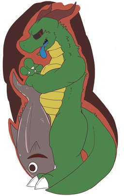 2_horns 3_fingers ambiguous_form ambiguous_gender belly black_sclera blue_tongue claws countershade_scales countershade_torso countershading drop_shadow finger_claws fingers green_arms green_body green_face green_legs green_scales green_tail hanging_tongue head_horn holding_fish horn looking_at_viewer monotone_arms monotone_face monotone_legs monotone_tail narrowed_eyes open_mouth open_smile pupils red_eyes scales side_view simple_background slit_pupils smile smiling_at_viewer solo tail teeth thick_tail toe_claws tongue tongue_out ventral_scales yellow_belly yellow_body yellow_countershading yellow_scales sabamiso_(sabamasasix) mythology aquatic dragon fish mythological_creature mythological_scalie scalie 2019 compression_artifacts digital_media_(artwork) full-length_portrait hi_res japanese_description portrait