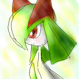 ambiguous_gender blush red_eyes solo pasaran nintendo pokemon generation_3_pokemon humanoid kirlia pokemon_(species) 1:1 digital_media_(artwork) low_res oekaki source_request