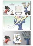 ambiguous_gender antlers blue_eyes duo feral horn humor painting text komanyachi nintendo pokemon generation_6_pokemon legendary_pokemon pokemon_(species) xerneas xerneas_(active_mode) xerneas_(neutral_mode) yveltal