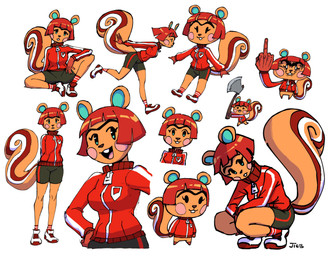 anthro axe blush blush_stickers breasts brown_hair buckteeth clothed clothing eyebrows female footwear fully_clothed gesture hair hand_gesture holding_object holding_weapon jacket long_tail melee_weapon middle_finger open_mouth running shoes simple_background smile sneakers solo standing tail teeth topwear unibrow weapon white_background the_jieb animal_crossing nintendo hazel_(animal_crossing) mammal rodent sciurid tree_squirrel absurd_res hi_res signature