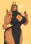 2023 anthro biped breasts brown_body cake canid canine cleavage cleavage_cutout clothed clothing conditional_dnp cutlery cutout dessert dress eating female food fork fur hair jollyjack kitchen_utensils mammal muscular muscular_female mythological_canine mythological_creature mythology nom plate simple_background slit_dress smile solo thick_thighs tools were werecanid werecanine werewolf yellow_background