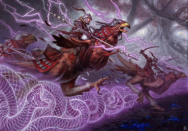 ambiguous_gender armor beak brown_body brown_feathers detailed_background electricity feathers feet feral group headgear helmet holding_melee_weapon holding_object holding_polearm holding_spear holding_sword holding_weapon jumping lightning male melee_weapon polearm riding spear sword talons toes weapon chris_seaman hasbro magic:_the_gathering wizards_of_the_coast avian bird human mammal reptile scalie snake official_art