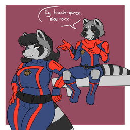 anthro big_breasts breasts clothed clothing duo female hair male male/female simple_background smile tail text thick_thighs blackbetty guardians_of_the_galaxy marvel franciene_(tango's_family) rocket_raccoon mammal procyonid raccoon 1:1 absurd_res hi_res