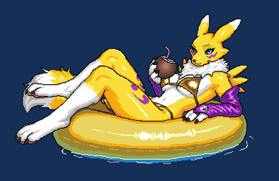 anthro big_breasts bikini blue_eyes breasts clothing coconut drupe_(fruit) female food fruit fur gold_bikini paws plant simple_background solo swimwear transparent_background two-piece_swimsuit white_body white_fur yellow_body yellow_fur anonymous_artist bandai_namco digimon canid canine digimon_(species) fox mammal renamon alpha_channel digital_media_(artwork) dithering low_res pixel_(artwork) wplace_(artwork)
