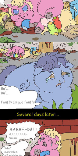 ambiguous_gender apple blonde_hair blue_eyes blue_hair bodily_fluids box bread brown_eyes container crying dessert doughnut female feral food fruit gift giving_food green_hair group hair hair_bun leaf male pastry plant rejection sad starving tears text young young_feral quickhorn fluffy_pony equid fluffy_pony_(species) mammal english_text hi_res