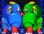 absurd_res anthro anus balls big_butt bob_(bubble_bobble) bros_being_bros bub_(bubble_bobble) bubble_bobble butt butt_grab butt_squish dragon duo genitals hand_holding hand_on_butt hi_res huge_butt looking_at_viewer looking_back male male/male mythological_creature mythological_scalie mythology perineum raised_tail scalie spikes square_enix squish tail taito tepigfan101