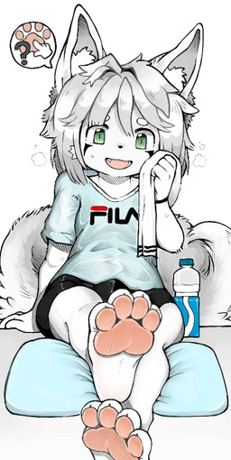 4_toes ambiguous_gender anthro arm_tuft black_markings bodily_fluids bottle bottomwear breath clothing container cute_fangs elbow_tuft eyebrows facial_markings facial_tuft fangs feet fluffy fluffy_tail foot_fetish foot_focus fur glistening glistening_clothing glistening_eyes green_eyes grey_hair hair head_markings inner_ear_fluff kemono looking_at_viewer markings open_mouth pawpads pillow pink_pawpads question_mark shirt shorts simple_background sitting solo spandex spandex_shorts speech_bubble sweat sweatdrop t-shirt tail teeth tight_bottomwear tight_clothing tight_shorts toes topwear towel tuft water_bottle white_background white_body white_eyebrows white_fur white_hair young young_anthro mentha fila canid mammal 2019 partially_colored