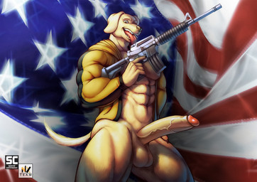 anthro balls big_penis bottomless clothed clothing flag genitals gun holding_object holding_ranged_weapon holding_weapon humanoid_genitalia humanoid_penis jacket jacket_only male muscular penis ranged_weapon solo tongue tongue_out topwear topwear_only weapon nexus potato_(nexus) bird_dog canid canine canis domestic_dog hunting_dog labrador mammal retriever