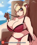 anthro beach big_breasts bikini blush breasts clothing cloud day female huge_breasts hyper hyper_breasts overweight overweight_anthro overweight_female seaside sky solo sun swimwear two-piece_swimsuit jwinkz felicia_(jwinkz) domestic_cat felid feline felis mammal hi_res