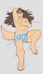 anthro brown_hair bulge claws clothed clothing detailed_bulge eyes_closed eyewear fur glasses hair hand_behind_head long_hair lying male on_back smile solo tan_body tan_fur teeth underwear underwear_only pompsadoodle puppysky bird_dog canid canine canis domestic_dog golden_retriever hunting_dog mammal retriever absurd_res hi_res sketch