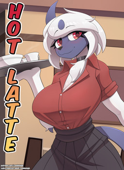1_horn antenna_hair anthro anthrofied bangs big_breasts biped black_bottomwear black_choker black_clothing black_eyebrows black_jewelry black_necklace black_nose black_outline black_skirt black_text_outline blush bob_cut bottomwear bowl breasts button_(fastener) cafe ceiling chair cheek_blush chest_tuft choker cleavage closed_smile clothed clothed_anthro clothed_breasts clothed_female clothing collared_shirt container cowlick cup curved_horn curvy_figure dark_bottomwear dark_clothing dark_face dark_horn dark_nose dark_skirt dark_tail detailed_background dress_shirt employee employee_uniform eyebrows eyelashes female female_anthro fingers front_view fully_clothed fully_clothed_anthro fully_clothed_female fur fur_tuft furniture glistening glistening_breasts glistening_eyes glistening_hair glistening_nose gradient gradient_text hair holding_object holding_tray horn hourglass_figure huge_breasts humanoid_hands inside interior_background jewelry light_body light_fur light_hair long_eyelashes looking_aside looking_aside_at_viewer looking_at_viewer monotone_body monotone_fur monotone_hair mouth_closed necklace outline patreon_username pink_blush pokemorph public purple_face purple_horn purple_snout purple_tail raised_eyebrows red_clothing red_eyes red_shirt red_topwear scythe_horn scythe_tail serving_beverage serving_food serving_tray shirt short_fur short_hair short_snout skirt small_nose small_waist smile smiling_at_viewer solo steam subscribestar_username swept_bangs tail tea_cup text thick_eyelashes thin_eyebrows title topwear tray tuft voluptuous voluptuous_anthro voluptuous_female waiter waitress_uniform wall_(structure) white_arms white_body white_breasts white_fur white_hair white_neck white_sclera white_text_outline white_tuft workplace cooliehigh nintendo pokemon absol generation_3_pokemon mammal pokemon_(species) 2023 3:4 colored comic cover cover_art cover_page detailed digital_media_(artwork) digital_painting_(artwork) english_text hi_res painting_(artwork) portrait shaded soft_shading three-quarter_portrait url