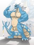 3:4 5_fingers anthro aquatic_dragon barbel_(anatomy) biceps big_biceps biped blue_body blue_scales blue_skin bone_frill claws dorsal_fin dragon fangs featureless_crotch fin fingers forked_tail frill_(anatomy) generation_1_pokemon gesture gyarados hand_gesture hi_res horn jewish_mythology leviathan long_tail looking_at_viewer male marine musclegut muscular muscular_arms muscular_legs muscular_thighs mythological_creature mythological_marine mythological_scalie mythology nintendo palette pecs pointing pokemon pokemon_(species) purple_eyes ridged_tail scales scalie sharp_teeth solo tail teeth unusual_anatomy unusual_tail valentinesartx vein