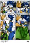 anthro blue_body blue_fur blue_hair blush bulge female fur hair kissing male male/female white_body white_fur jeffk38uk nintendo star_fox fox_mccloud krystal_(star_fox) canid canine fox mammal comic hi_res