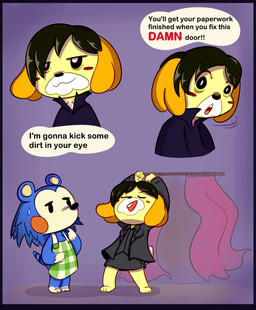 3_toes 4_fingers anthro apron apron_only bangs barefoot black_border black_bottomwear black_clothing black_dress_shirt black_eyes black_hair black_nose black_skirt black_suit blue_body blue_fur blue_hair blue_tail bodily_fluids border bottomwear bully cheek_spots closed_smile clothed clothed_anthro clothed_female clothing dancing dialogue duo eyes_closed feet female fingers fist floppy_ears fully_clothed fully_clothed_anthro fully_clothed_female fur green_apron green_clothing hair half-closed_eyes light looking_at_another looking_at_viewer lop_ears mouth_closed narrowed_eyes open_mouth open_smile open_suit orange_cheeks orange_ears pattern_apron pattern_clothing pink_tongue plaid plaid_apron plaid_clothing pupils purple_background raised_arms red_curtains red_mouth short_hair simple_background skirt smile speech_bubble standing suit sweat sweatdrop tail tan_body tan_fur tan_inner_ear teeth text toes tongue white_pupils white_tail window_curtains yelling cookieboy011 animal_crossing marvel nintendo spider-man_(series) isabelle_(animal_crossing) mabel_able peter_parker canid canine canis domestic_dog eulipotyphlan hedgehog mammal shih_tzu toy_dog 2021 colored digital_drawing_(artwork) digital_media_(artwork) english_description english_text lighting multiple_images shaded