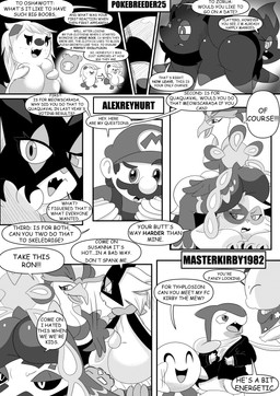 8_panel_comic ambiguous_gender answer anthro beak big_breasts big_butt biped black_sclera black_text breasts butt clothed clothing dialogue exclamation_point eyebrows eyelashes eyes_closed facial_hair featureless_breasts female feral fingers fluffy fluffy_tail fur group hair happy hat headgear headwear looking_at_another looking_back male mask motion_lines mustache open_mouth open_smile pupils question question_mark questions_and_answers sharp_teeth sitting sitting_on_another smile speech_bubble standing suit tail talking_to_another teeth text text_box tongue white_pupils white_sclera heavenlyproductions kirby_(series) mario_bros nintendo pokemon kirby mario aquatic avian crocodilian felid feline generation_1_pokemon generation_2_pokemon generation_5_pokemon generation_9_pokemon humanoid legendary_pokemon mammal meowscarada mew_(pokemon) oshawott pokemon_(species) quaquaval reptile scalie skeledirge typhlosion zorua 2024 absurd_res comic english_text hi_res monochrome