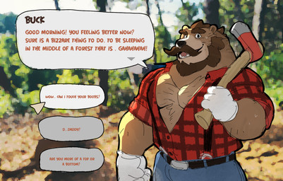 anthro axe beard black_nose bottomwear brown_body clothing facial_hair humanoid_hands looking_at_viewer lumberjack male mature_male melee_weapon musclegut muscular mustache outside pants shirt solo text topwear weapon 0rang3 bear mammal 2021 english_text hi_res