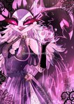 anatid anseriform anserinae anthro avian avian_demon bird demon detailed_background female fur hair heart_symbol helluva_boss hi_res long_hair magic magic_user misachan56 occult_symbol pentagram pink_eyes smile solo standing stella_(helluva_boss) swan symbol white_body white_face white_fur white_hair