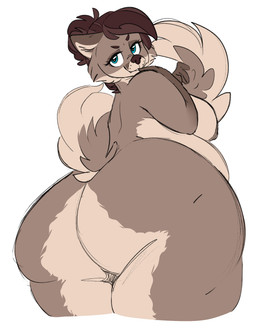 anthro areola belly big_breasts big_butt blue_eyes breasts brown_areola brown_eyebrows brown_hair brown_nipples brown_nose butt eyebrows eyelashes female fingers hair hair_bun holding_own_tail holding_tail looking_at_viewer looking_back looking_back_at_viewer low-angle_view nipples nude overweight overweight_female simple_background smile solo tail thick_thighs white_background mulberrytarthorse canid canine fox mammal 2020 colored_sketch flat_colors hi_res sketch