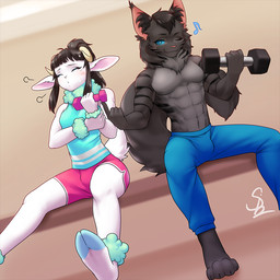 anthro athletic_wear bottomwear clothing dumbbell duo exercise exercise_clothing femboy gym male muscular muscular_male pants shirt shorts tank_top topwear weightlifting weights workout nariikhan bovid caprine domestic_cat felid feline felis hybrid lynx maine_coon mammal sheep 1:1