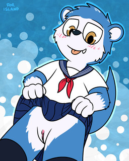 andromorph anthro asian_clothing blush bottomwear clothed clothing clothing_lift crossdressing east_asian_clothing fur genitals hair intersex japanese_clothing japanese_school_uniform no_underwear school_uniform skirt skirt_lift solo uniform upskirt vulva young pokefound island_(character) mammal mustelid otter hi_res