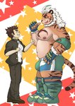 anthro belly brown_hair bulge clothing duo fingerless_gloves fur gloves hair handwear male musclegut muscular navel nipples orange_body orange_fur pecs striped_body striped_fur stripes wrestling_briefs dandelion860 lifewonders tokyo_afterschool_summoners bandaid_protagonist_(tas) hombre_tigre_(tas) protagonist_(tas) felid human mammal pantherine tiger hi_res